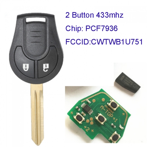 MK210064  2 Button 433mhz Head Remote Control for N-issan Qashqai Sunny Sylphy Tiida X-Trail CWTWB1U751 with PCF7936 Chip Remote Key Control