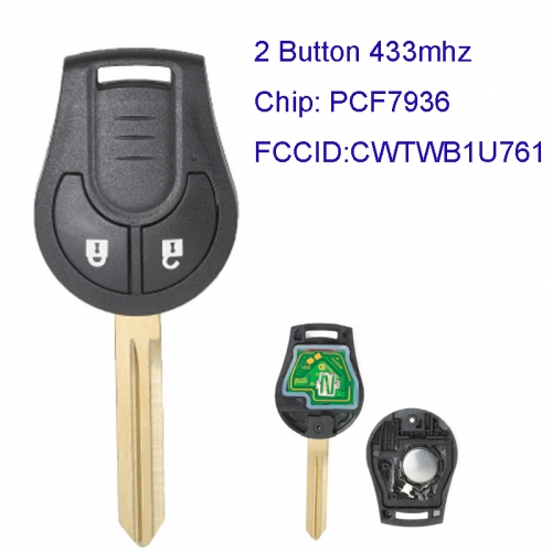 MK210063 2 Button 433mhz Head Remote Control for N-issan Micra K14 2010 2011 2012 2013 2014 CWTWB1U761 with PCF7936 Chip Remote Car Key