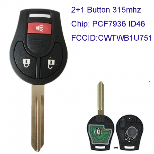MK210057 2+1 Button 315mhz Head Remote Control for N-issan Altima Maxima Murano Cube NV2500 NV350 CWTWB1U751 with ID46 Chip