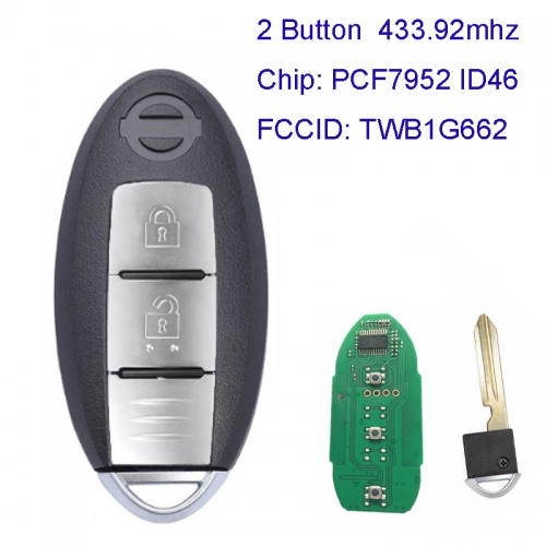 MK210076 2 Button 433.92mhz Smart Remote Key Control for N-issan Micra Juke Note Leaf Cube TWB1G662 TWB16662 PCF7952 ID46 Chip