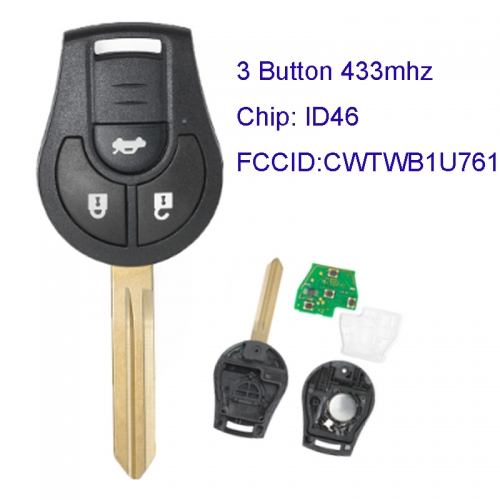 MK210065  3 Button 433mhz Head Remote Control for N-issan Sentra Maxima Armada Altima 2007 CWTWB1U761 with ID46 Chip Remote Key Control