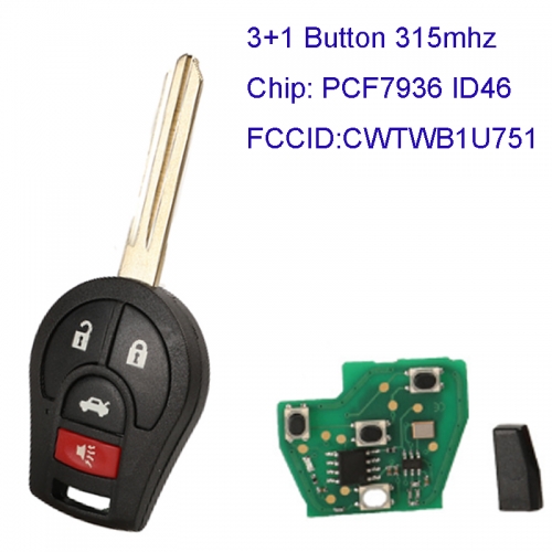 MK210059 3+1 Button 315mhz Head Remote Control for N-issan Sentra 2013-2014 Cube Juke Quest CWTWB1U751 with ID46 Chip Auto Car Key Remote