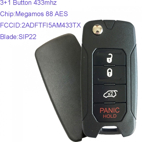 MK300047 3+1 Button 433mhz Flip Remote Key for Jeep Renegade 2015 2016 2017 2018 FIAT 500X with Megamos AES Transponder 2ADFTFI5AM433TX with SIP22 Bla