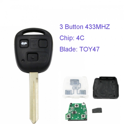 MK190064 3 Button 433MHZ Head Key Remote Key for T-oyota with 4C Chip and TOY47 Blade Car Key Fob
