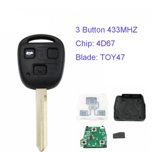 MK190065 3 Button 433MHZ Head Key Remote Key for T-oyota with 4D67  Chip and TOY47 Blade Car Key Fob