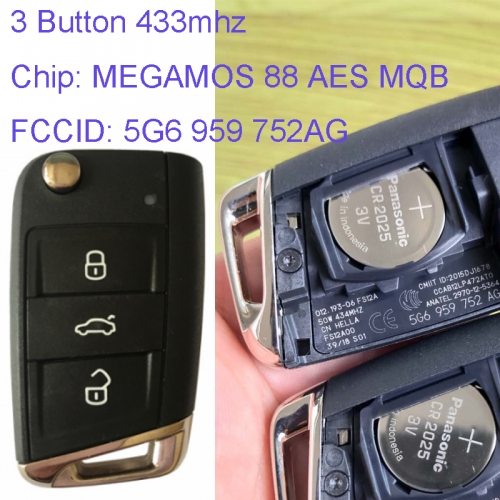 MK120081 Original 3 Buttons 434MHz Flip Key for VW Golf 7 MEGAMOS 88 AES MQB Part No 5G6 959 752AG No keyless go 5G6 959 753 AG