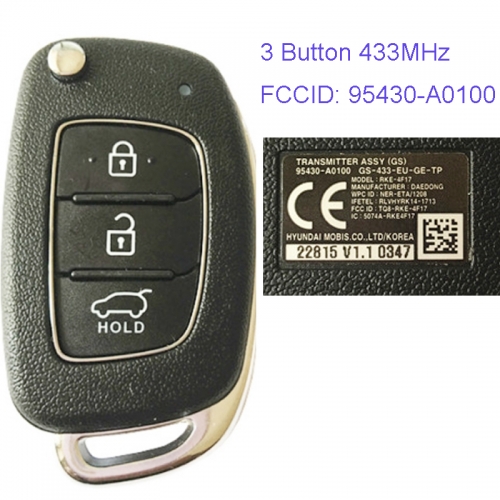 MK140055 3 Button 433MHz Remote Control Flip Folding Key for H-yundai I10 2016-2017 Car Key Fob 95430-A010