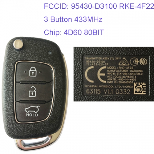 MK140046 3 Button 433MHz Remote Control Flip Folding Key 4D60 80BIT Chip for H-yundai Tucson 2015 + 2016 2017 2018 2019 95430-D3100 RKE-4F22