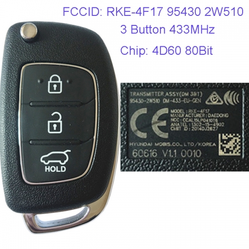 MK140049  3 Button 433MHz Remote Control Flip Folding Key 4D60 80Bit Chip for H-yundai Santafe Car Key Fob RKE-4F17 95430 2W510