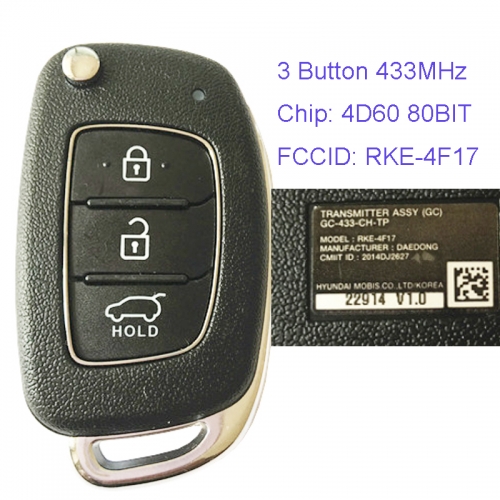 MK140054 3 Button 433MHz Remote Control Flip Folding Key for H-yundai ix25 2015 -2017 Car Key Fob RKE-4F17