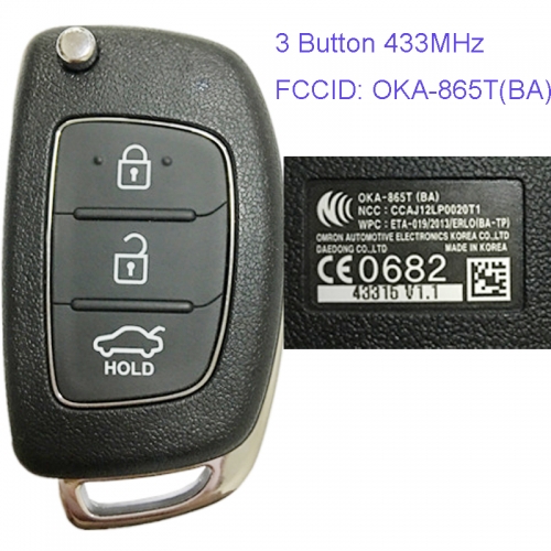MK140045 3 Button 433MHz Remote Control Flip Folding Key for H-yundai Elantra 2014 - 2017 I10 Car Key Fob OKA-865T(BA)  95430-B4000 95430-B4100