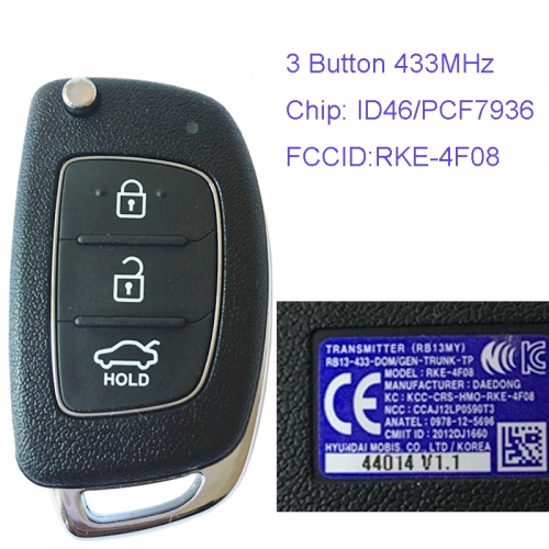 MK140039 3 Button 433MHz Remote Control Flip Folding Key for H-yundai ACCENT 2011-2018 Car Key Fob RKE-4F08 with ID46 Chip