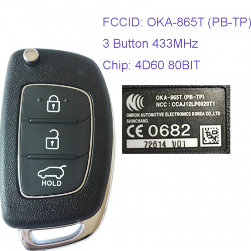 MK140053 3 Button 433MHz Remote Control Flip Folding Key for H-yundai i20 2012 - 2014 Car Key Fob OKA-865T (PB-TP)