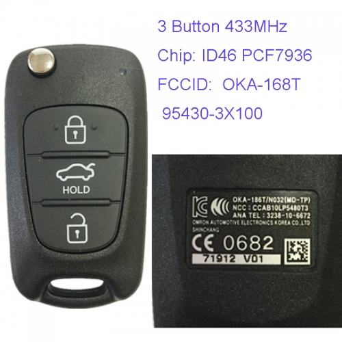 MK140028 3 Button 433MHz Remote Control Flip Key for H-yundai Elantra Car Key Fob Remote FCCID OKA-186T 95430-3X100 With ID46 Chip