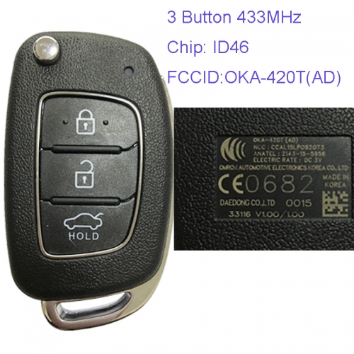 MK140044 3 Button 433MHz Remote Control Flip Folding Key for H-yundai Elantra Car Key Fob OKA-420T(AD)