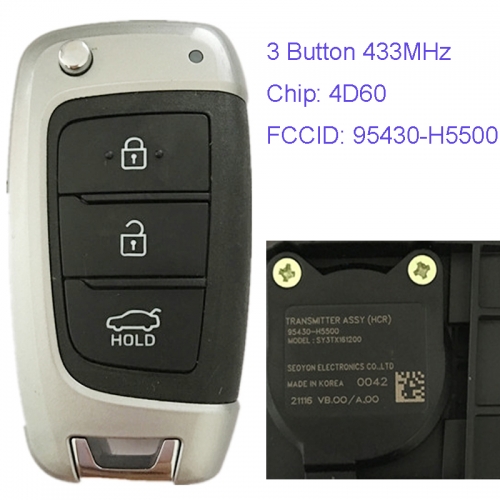 MK140063 3 Button 433MHz Remote Control Flip Key 4D60 Chip for H-yundai Accent 2018 2019 Remote FCCID 95430-H5500
