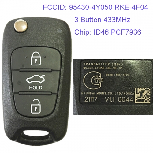 MK130020 3 Button 433MHz Folding Flip Remote Key Fob for Kia Rio Car Key Fob ID46 Chip 95430-4Y050 RKE-4F04