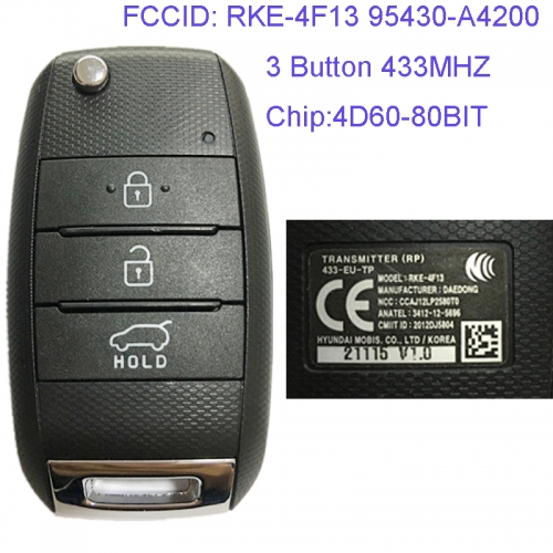 MK130040 3 Button 433MHZ Folding Flip Remote Key Fob for Kia Carens Rondo 2013-2015 Car Key Fob 95430-A4200