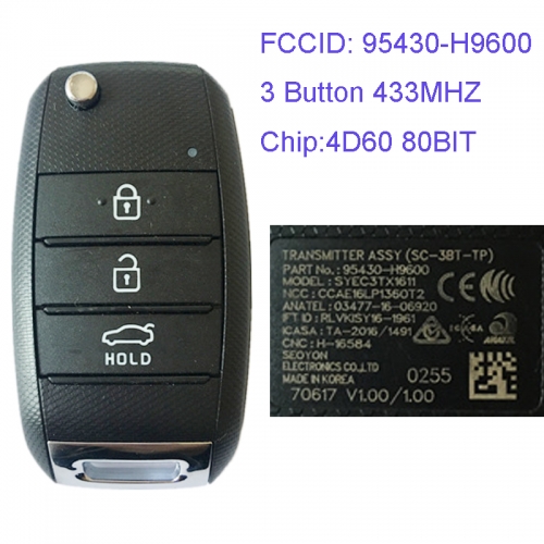 MK130044 3 Button 433MHZ Folding Flip Remote Key Fob for Kia Rio 2018 Car Key Fob 95430-H9600 4D60 80BIT Chip