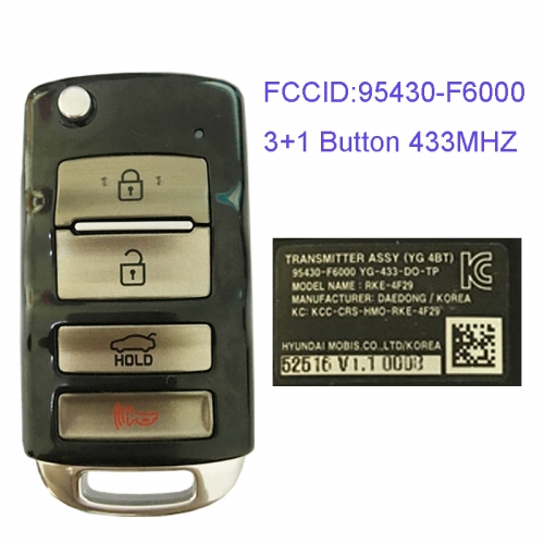 MK130038 3+1 Button 433MHZ Folding Flip Remote Key Fob for Kia Cadenza 2016 Car Key Fob 95430-F6000