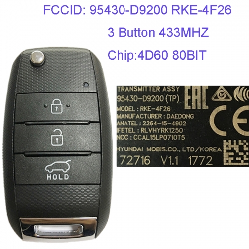 MK130045 3 Button 433MHZ Folding Flip Remote Key Fob for Kia Sportage 2016 + Car Key Fob 95430-D9200 4D60 80BIT Chip
