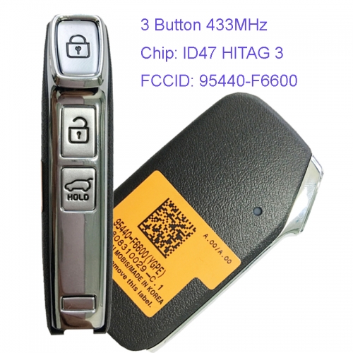 MK130098 3 Button 433MHz Smart Key for KIA 2020 Car Key Fob 95440-F6600 Remote Keyless Go ID47 Chip