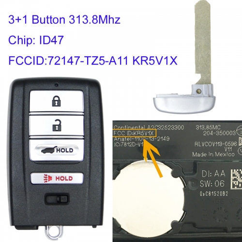 MK550002 3+1 Button 313.8Mhz Smart Key for 2014-2018 Acura MDX Auto Key Remote with ID47 Chip 72147-TZ5-A11 KR5V1X