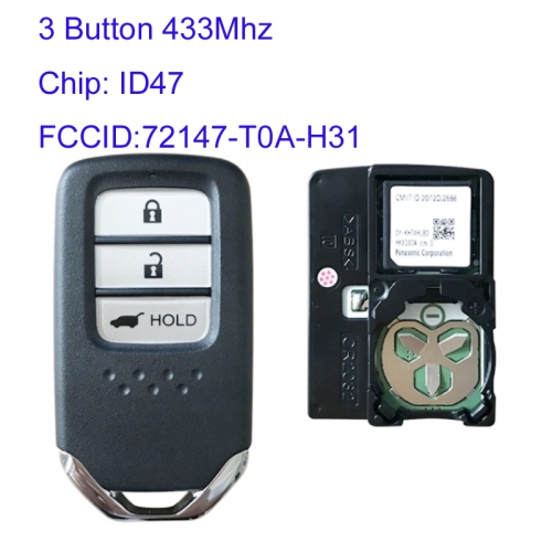 MK180107 3 Button 433mhz Smart Key for H-onda 2015 CRV Auto Key Remote with ID47 Chip 72147-T0A-H31