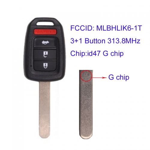 MK180115 3+1 Button 313.8MHz Head Key for H-onda Accord 2013-2016 Auto Key Remote with 47 Chip FCCID MLBHLIK6-1T