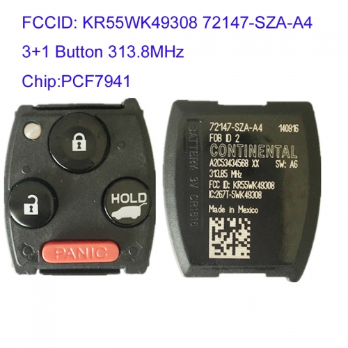 MK180117 3+1 Button 313.8MHz Head Key for H-onda Pilot 2019-2015 Auto Key Remote with PCF7941 Chip FCCID KR55WK49308 72147-SZA-A4