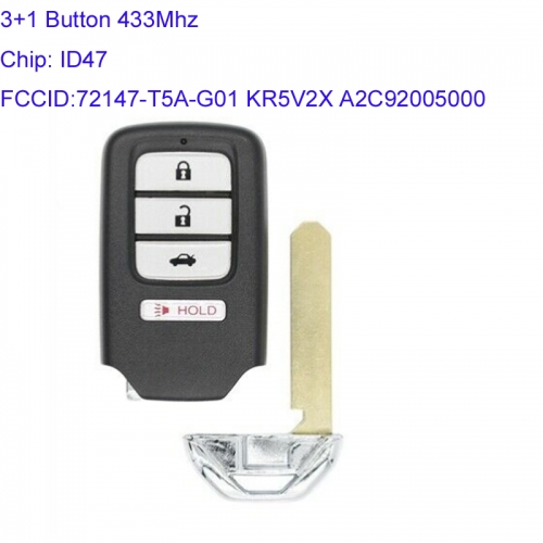 MK180102 3+1 Button 433mhz Smart Key for H-onda Civic 2016-2019 72147-TBA-A01 Auto Key Remote with ID47 Chip KR5V2X A2C92005000