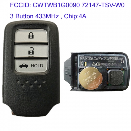 MK180113 3 Button 433MHz Smart Key for H-onda Accord 2018 Auto Key Remote with 4A Chip CWTWB1G0090 72147-TSV-W0 Keyless Go