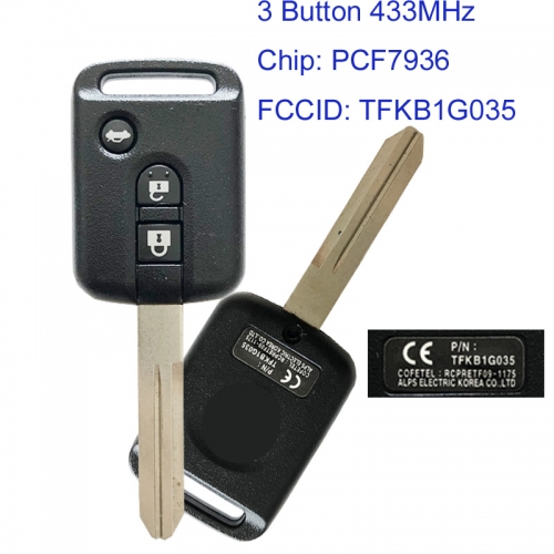 MK230019 3 Button 433MHz Head Key Remote Key for R-enault TFKB1G035 Car Key Fob With PCF7936 Chip