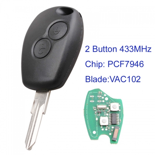 MK230016 2 Button 433MHz Head Key for R-enault Kangoo Car Key Fob With PCF7946 Chip