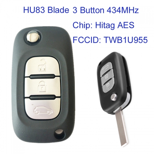MK230020 3 Button 434MHz Flip Key Folding Remote Key for R-enault Clio Fluence TWB1U955 Car Key Fob With AES Chip