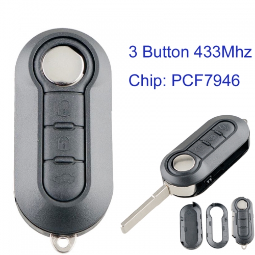 MK330016 3 Button 433Mhz Flip Key for Fiat 500 Grande Punto Doblo Qubo 2006 2007 2013 with PCF7946 Chip Delphi System