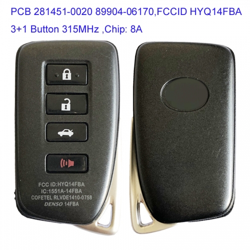 MK490020 3+1 Button 433MHz Smart Key for Lexus 2013-2018 keyless Car Key Fob Remote Control with 8A Chip PCB 281451-0020 89904-06170,HYQ14FBA