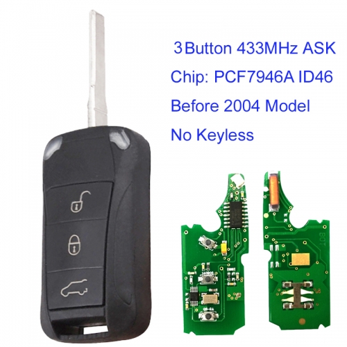 MK470028 3 Button 433MHz ASK Flip Key for P-orsche Cayenne 2002 2003 Before 2004 with PCF7946A Chip No Keyless