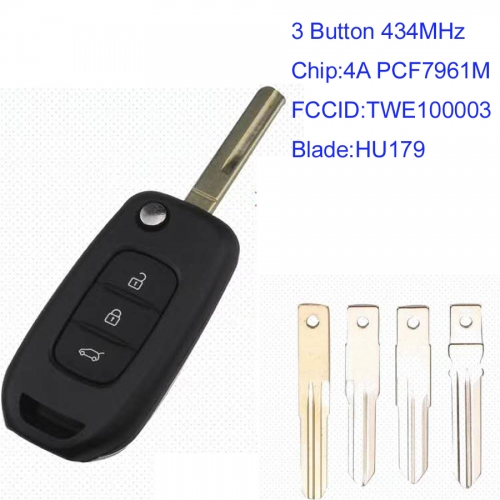 MK230042 3 Button 434MHz Flip Key Remote  for R-enault Dacia Duster Logan Sandero Dokker 2012-2018 Auto Car Key Fob TWE100003  with Blade HU179