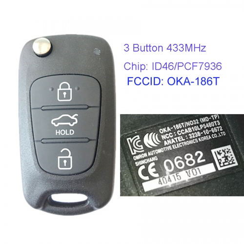MK140134 3 Button 433Mhz Flip Key for H-yundai Elantra Auto Car Key OKA-186T/NO32(MD-TP)