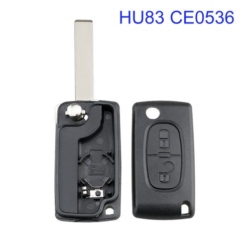 FS240016 2 Button Flip Key Shell Cover for P-eugeot  C-itroen Auto Car Key Blade Replacement  HU83 CE0536 with Battery Slot