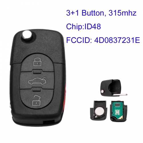 MK090063 3+1 Button 315MHz Car Remote Key For Audi A4 A6 A8 Quattro S4 TT 2000 2001 2002 2003 2004 2005 ID48 Chip FCC ID: MYT8Z0837231 4D0837231E/4D08