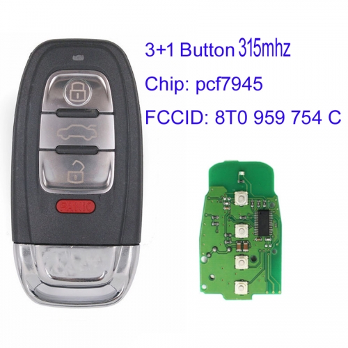 MK090070 3+1 Button 315MHz Remote Key for Audi  A4L Q5 S4 A4 A5 S5 8T0 959 754 C Auto Car Key PCF7945  Chip