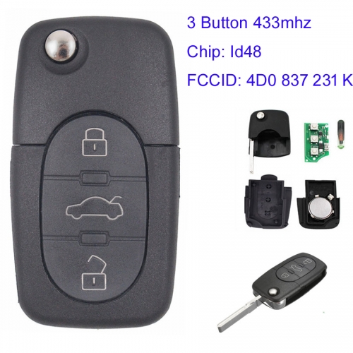 MK090068 3 Button 433MHz Remote Flip Key For AUDI A6 A8 Old Models 1999-2003 4D0837231K 4D0 837 231 K ID48 Chip