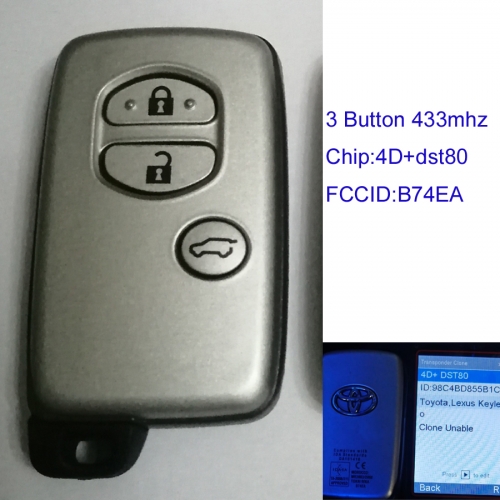 MK190248 3 Button 433mhz Smart Key  for T-oyota  Auto Car Key  B74EA 4D+dst80 Chip B74EA