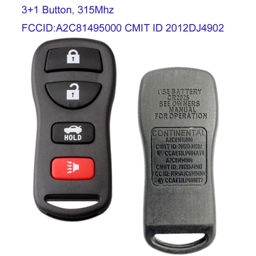 MK210112 3 Button 315Mhz  Remote Key for N-issan Auto Car Key Fob  A2C81495000 2012DJ4902 CCAE: 12LP084AT4 A2C81494900 2012DJ4903 KR5A2C81494900 CCAE1