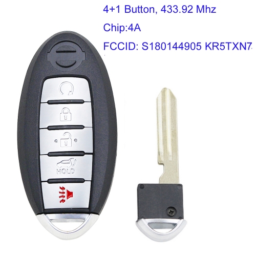 MK210122 4+1 Button 433.92Mhz Smart Key for N-issan 2019-2020 Murano Pathfinder PN 285E3-9UF7A 285E3-9UF7B Auto Car Key Fob 4A Chip S180144905 KR5TXN7