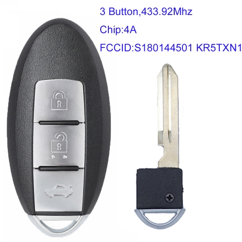 MK210127 3 Button 433.92 Mhz Smart Key for N-issan Altima 2019 2020 Auto Car Key Fob  4A Chip S180144501 KR5TXN1 PN: 180144708