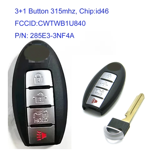 MK210098 3+1 Button 315mhz Remote Key Control for N-issan Leaf 2013-2018 Auto Car Key Fob CWTWB1U840 P/N: 285E3-3NF4A id46 Chip