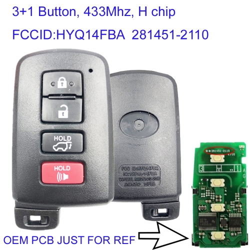 MK190288 3+1 Button 433/434MHz Smart Key Smart Card for T-oyota 2014-2019  Highlander HYQ14FBA  281451-2110 Remote Keyless Go Proximity Key